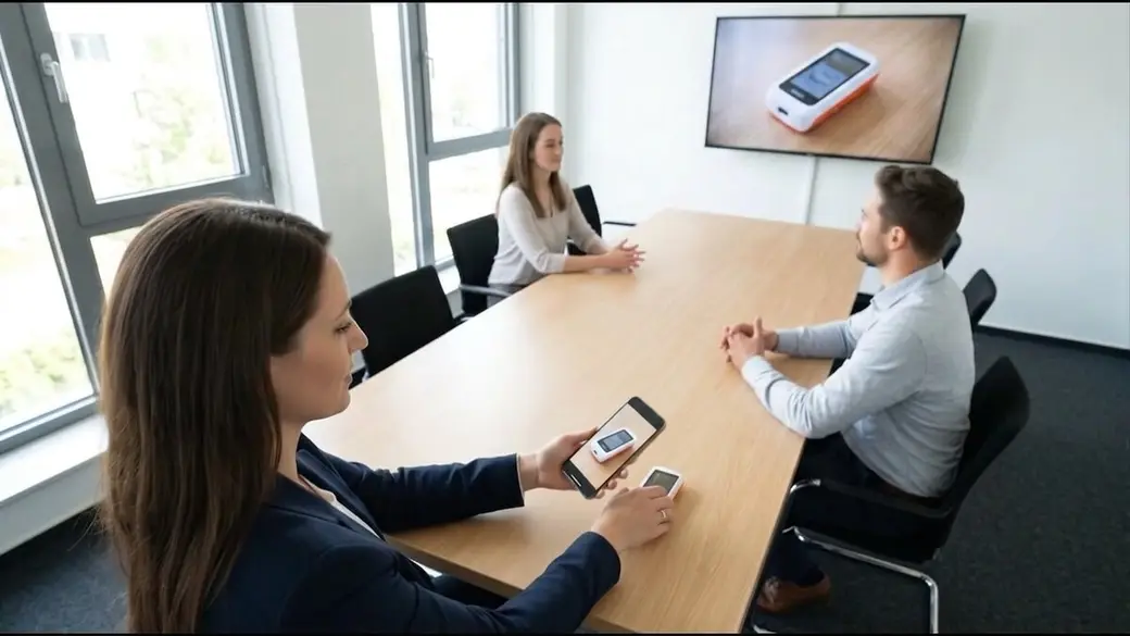 Seen from above: the woman holds her phone over a prototype on the table, and the same close-up of that object fills both her phone screen and the room TV
