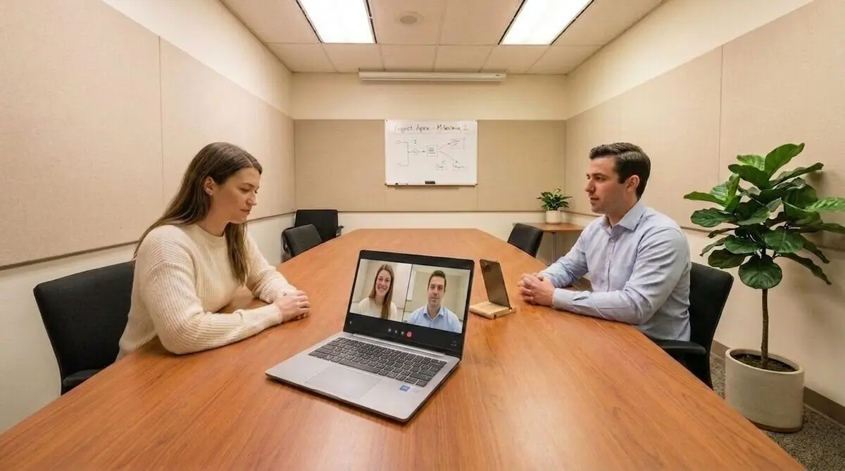 With Mago Director: the same room, clean — a laptop, a phone and a whiteboard