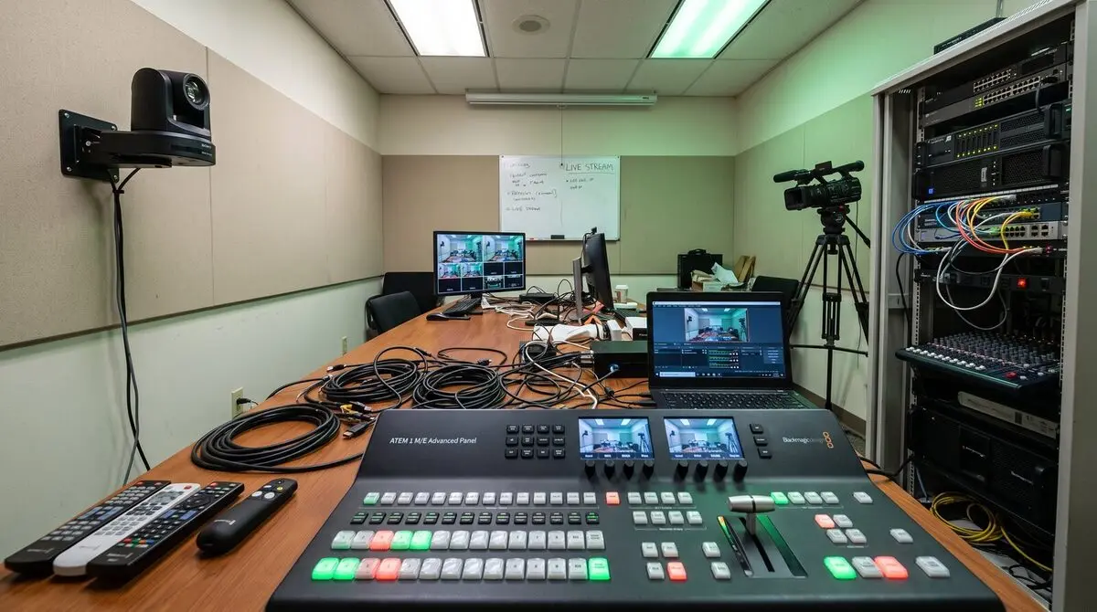 Before: a room crowded with PTZ cameras, remotes and a control desk