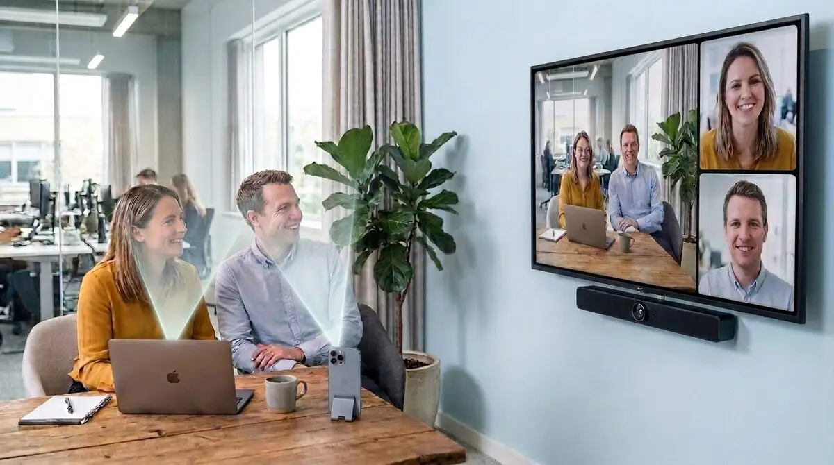 The same room with a video bar under the TV and a smartphone filming the second person: the TV shows the whole room on the left and both people in their own portrait tiles on the right