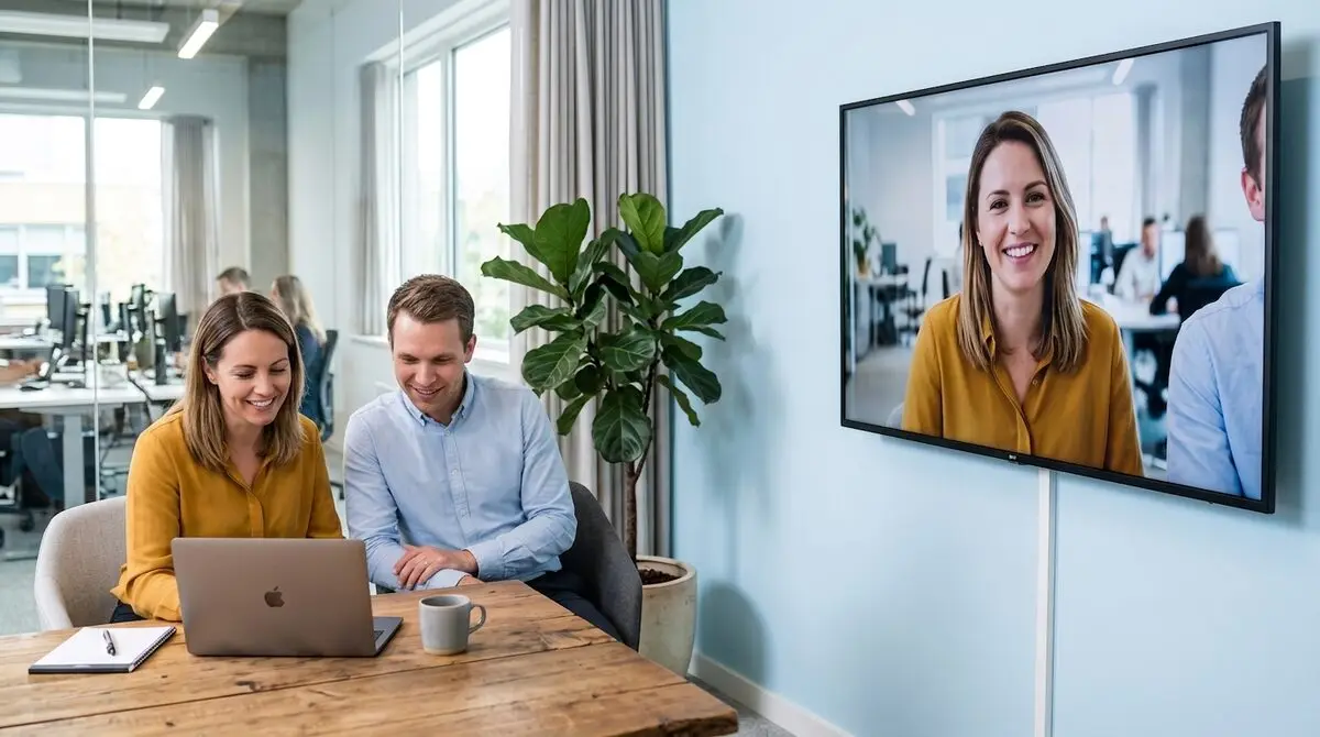 Two colleagues side by side at a table: the laptop's webcam frames only the woman, the man next to her is cut off at the edge of the shot on the room's TV
