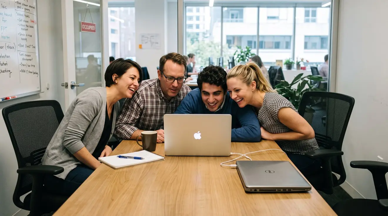 Four colleagues squeezed shoulder-to-shoulder, all leaning in to fit into one laptop’s webcam, with a second laptop abandoned on the table