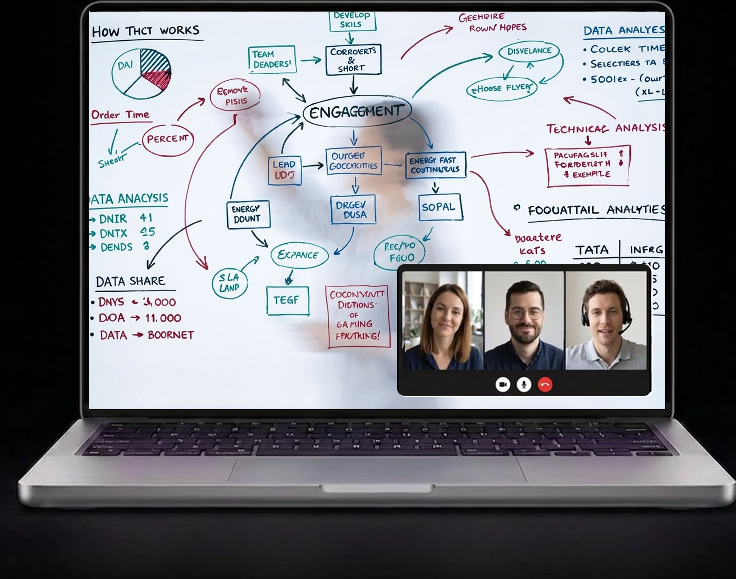 A laptop showing the captured whiteboard, live in the call, with the room camera in a small tile